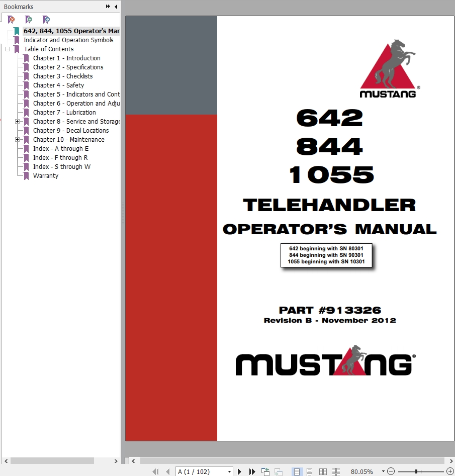 Mustang Telehandler 642 844 1055 Operator Manual 913326B