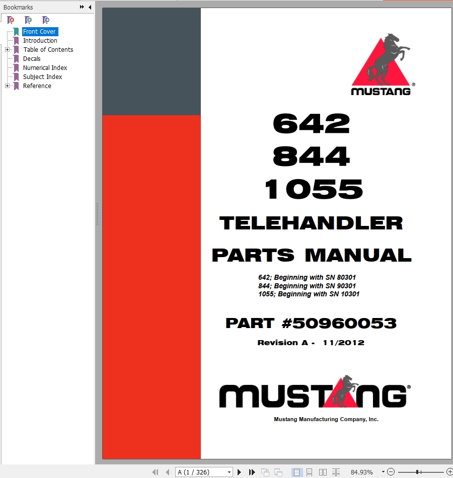 Mustang Telehandler 642 844 1055 Parts Manual 50960053A