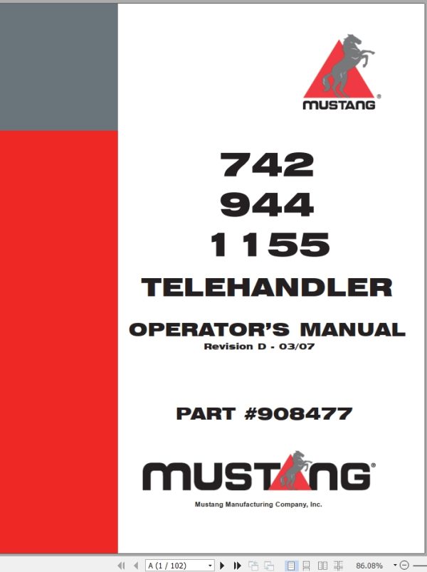 Mustang Telehandler 742 944 1155 Operator Manual 908477D