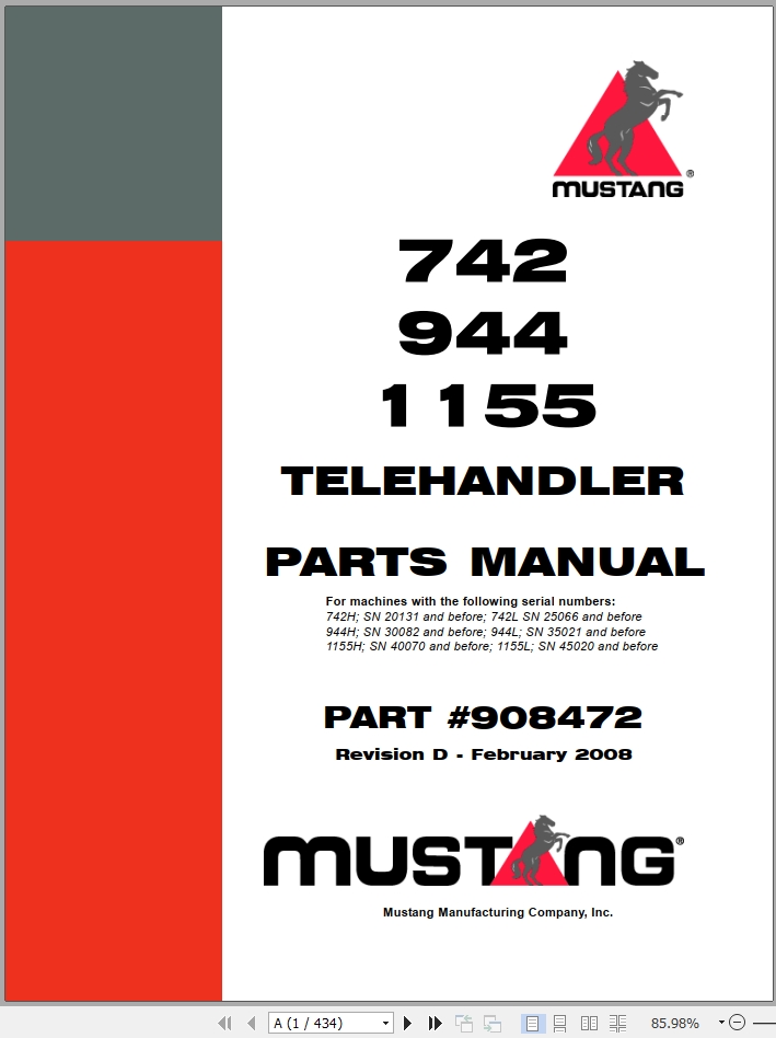 Mustang Telehandler 742 944 1155 Parts Manual 908472D