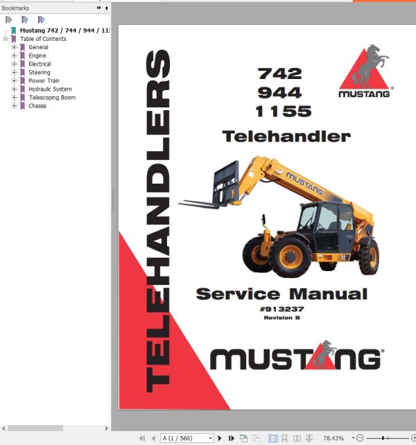 Mustang Telehandler 742 944 1155 Service Manual 913237B