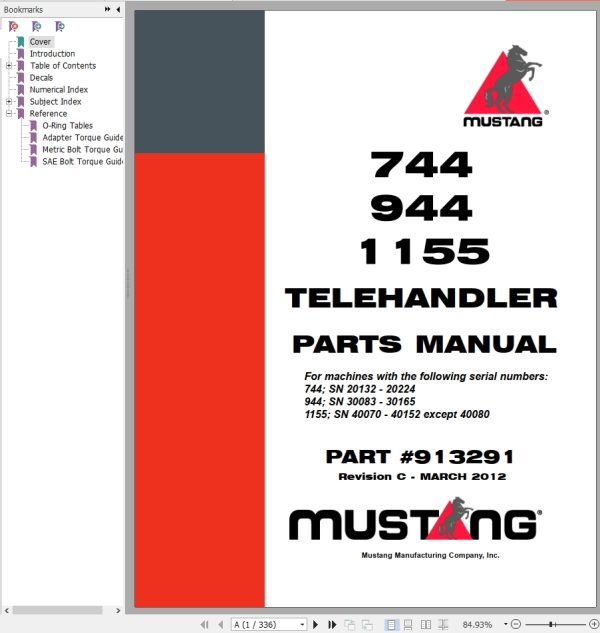 Mustang Telehandler 744 944 1155 Parts Manual