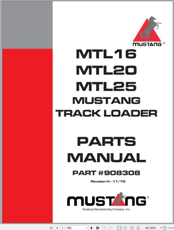 Mustang Track Loader MTL16 MTL20 MTL25 Parts Manual 908308H
