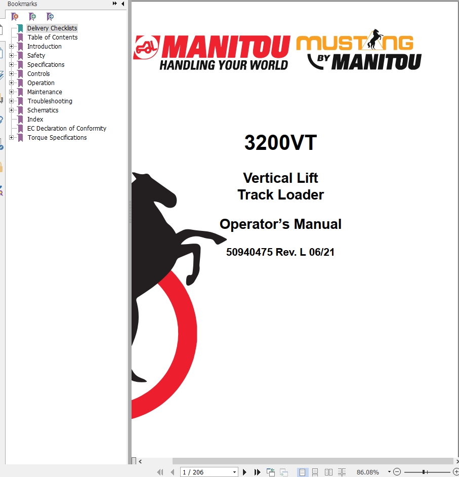Mustang Vertical Lift Track Loader 3200VT Operator Manual 50940475L