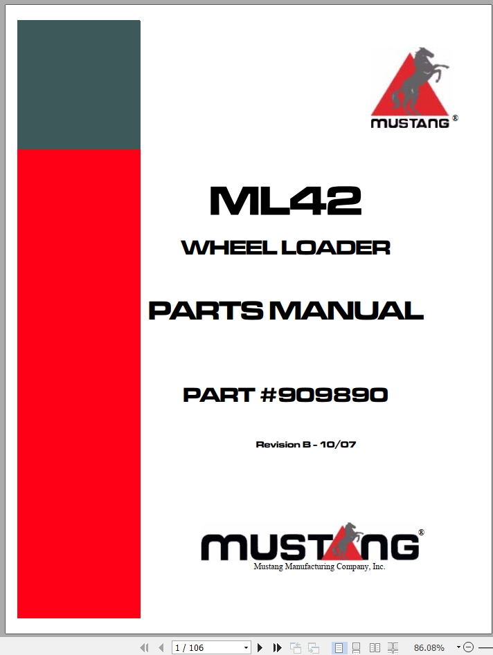 Mustang Wheel Loader ML42 Parts Manual 909890B