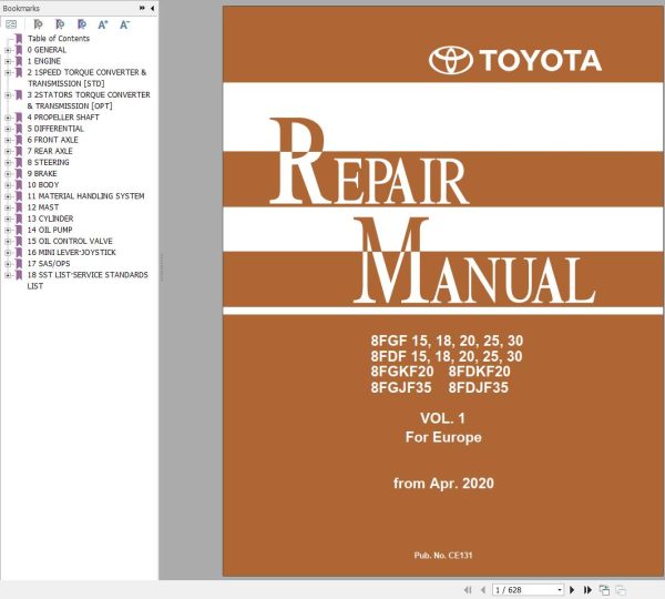 Toyota Forklift 8FGF15 to 8FDJF35 Repair Manual CE131