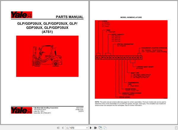 Yale Forklift A7S1 GLP GDP20UX GLP GDP25UX GLP GDP30UX GLP GDP35UX Parts Manual 1