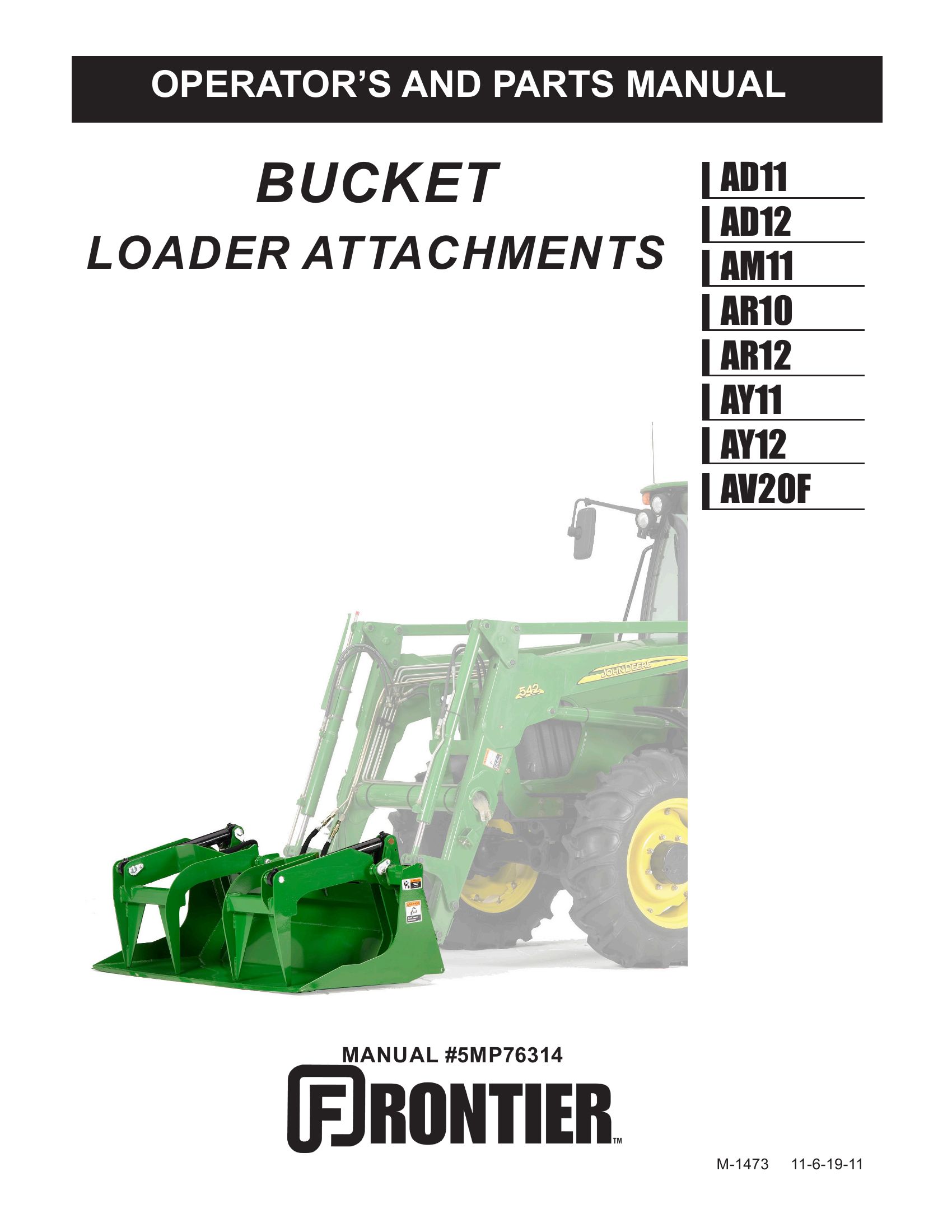 Frontier Loader Attachments AD11 AV20F Operators Parts Manual