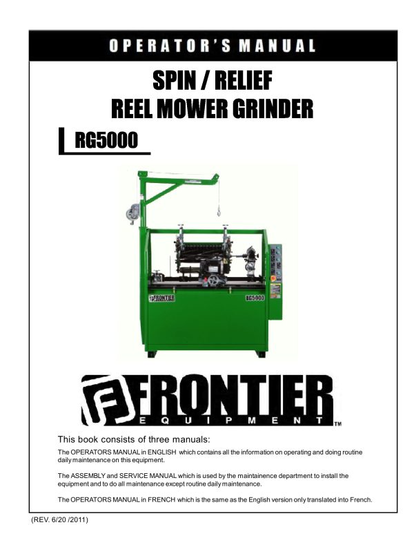 Frontier Reel Mower Grinder RG5000 Operators Assembly Service Manual EN FR