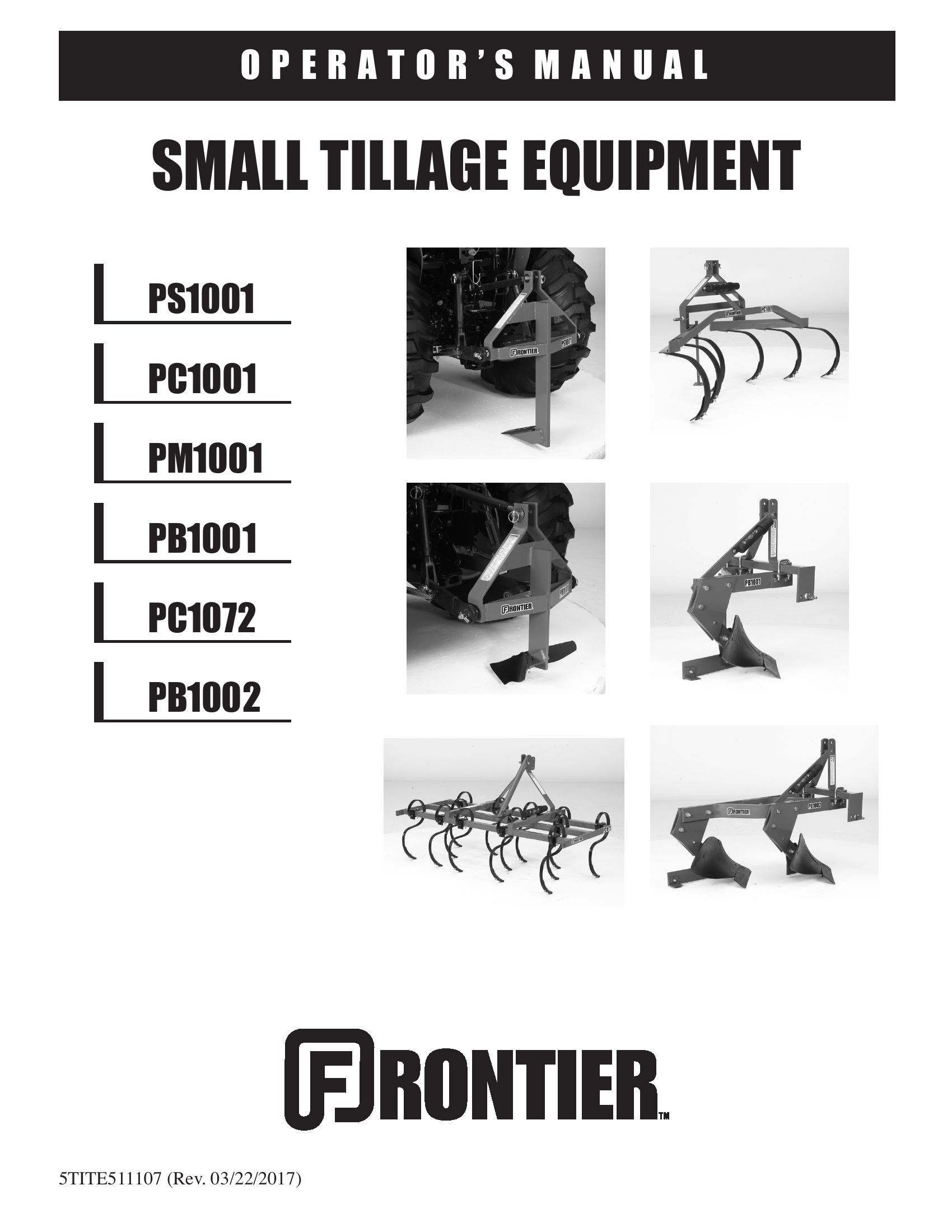 Frontier Small Tillage Equipment PS1001 PB1002 Operators Manual