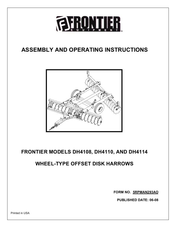 Frontier Wheel Offset Disk Harrow DH4108 DH4114 Assembly Operating Instruction