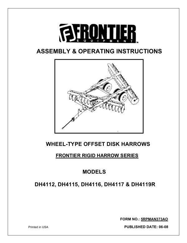 Frontier Wheel Offset Disk Harrow DH4112 DH4119R Assembly Operating Instruction
