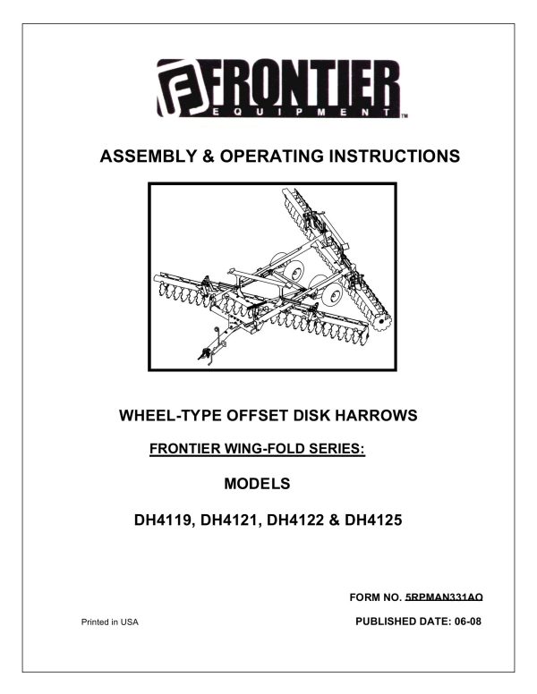 Frontier Wheel Offset Disk Harrow DH4119 DH4125 Assembly Operating Instruction