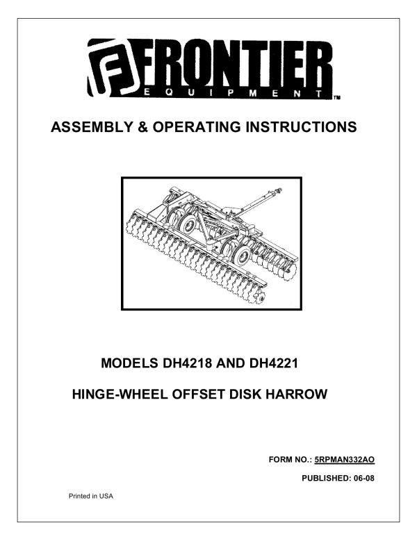 Frontier Wheel Offset Disk Harrow DH4218 DH4221 Assembly Operating Instruction