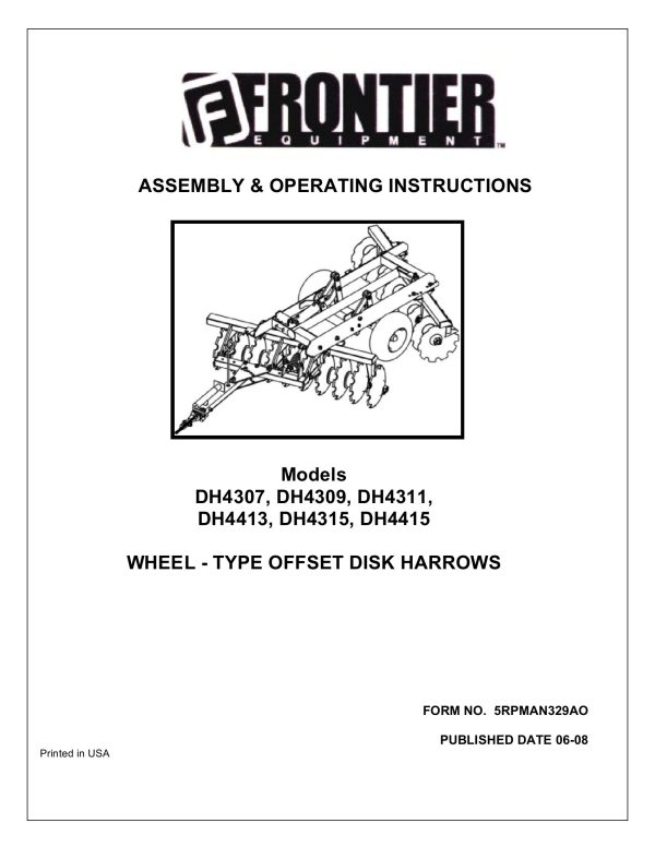 Frontier Wheel Offset Disk Harrow DH4307 DH4415 Assembly Operating Instruction