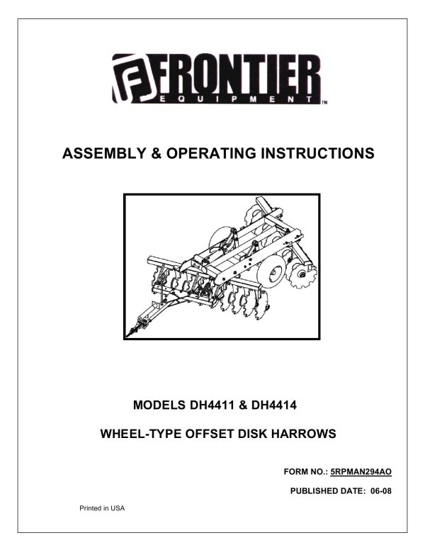 Frontier Wheel Offset Disk Harrow DH4411 DH4414 Assembly Operating Instruction