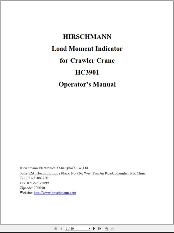 Hirschmann Crawler Crane Load Moment Indicator HC3901 Operators Manual