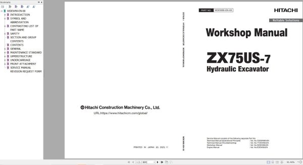 Hitachi Excavator ZX75US 7 Parts Operation Technical Workshop Manual