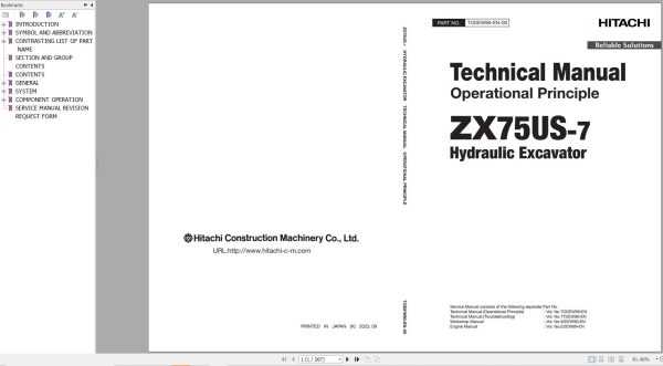 Hitachi Excavator ZX75US 7 Parts Operation Technical Workshop Manual 2