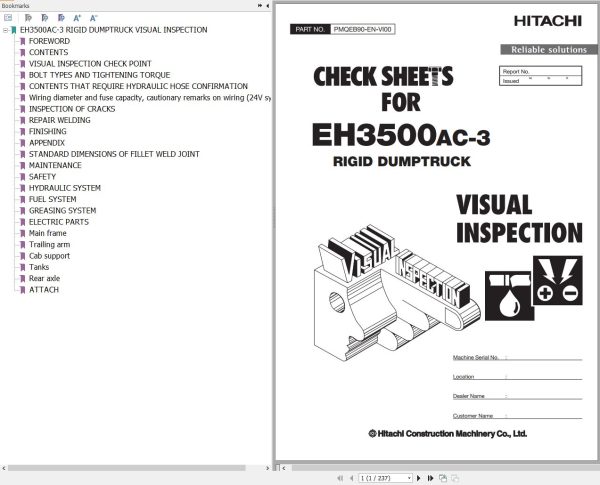 Hitachi Rigid Dump Truck EH3500AC 3 Visual Inspection Check Sheet