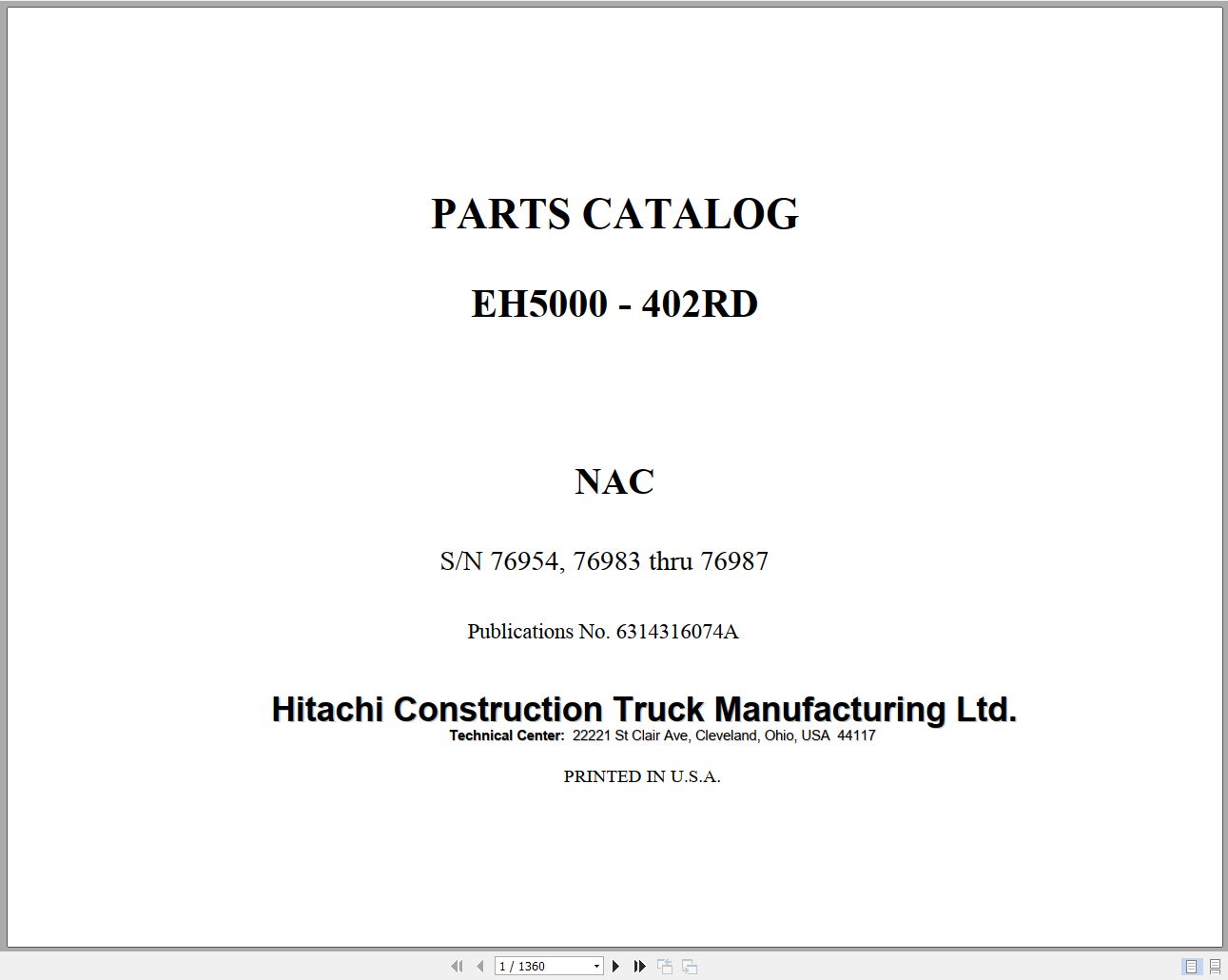 Hitachi Rigid Dump Truck EH5000 402RD Parts Catalog