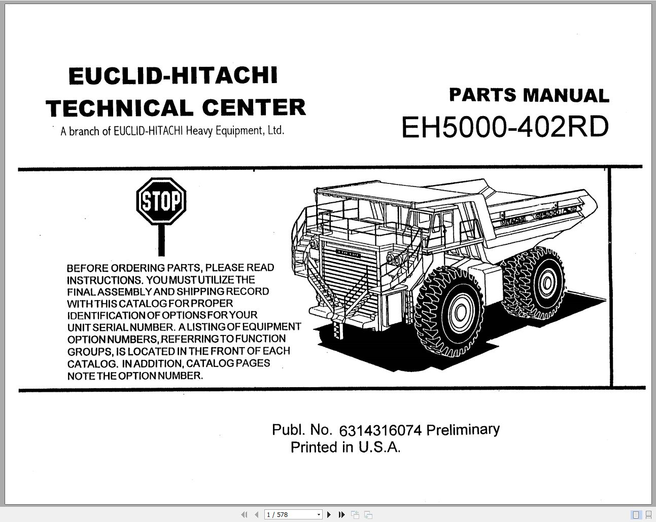 Hitachi Rigid Dump Truck EH5000 402RD Parts Manual