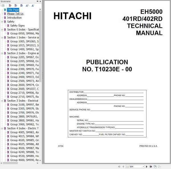 Hitachi Rigid Dump Truck EH5000 Technical Manual