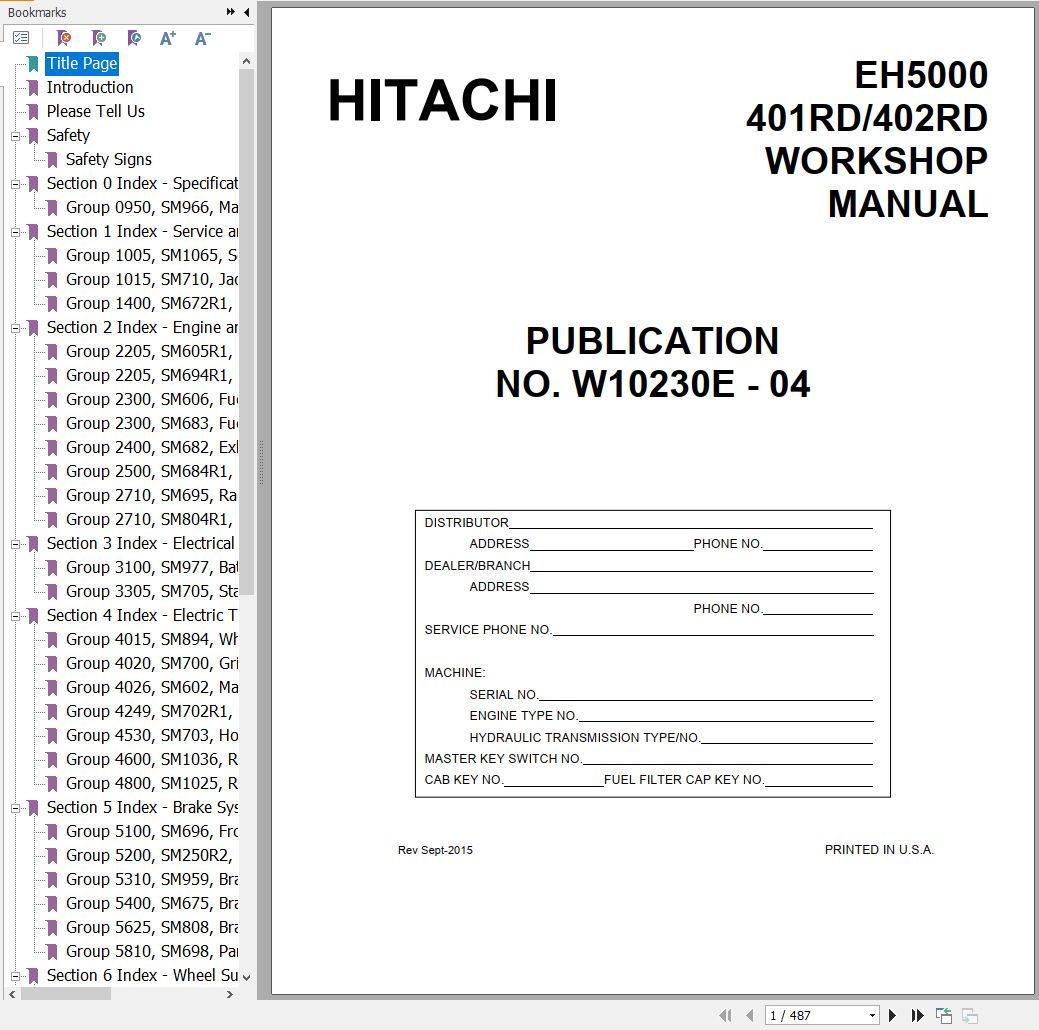 Hitachi Rigid Dump Truck EH5000 Workshop Manual
