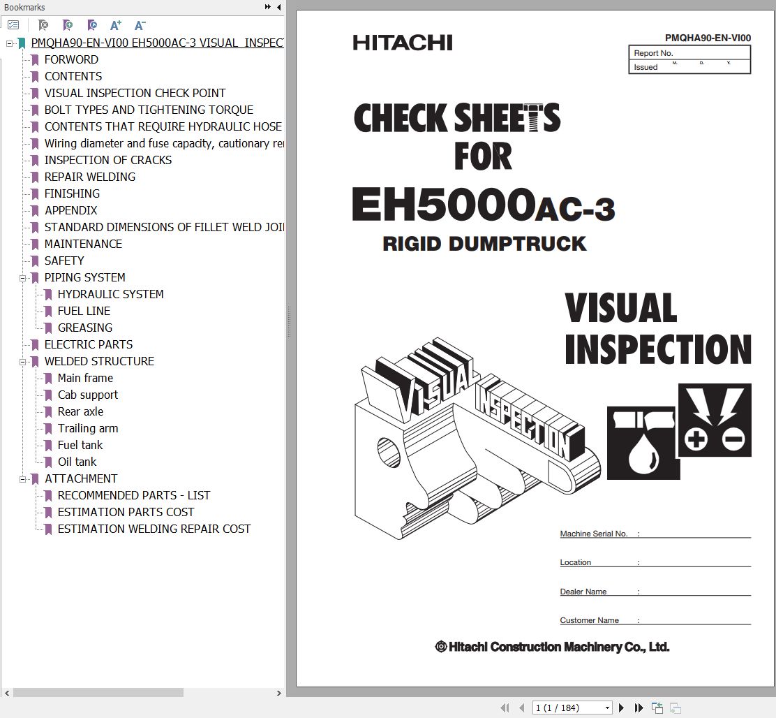 Hitachi Rigid Dump Truck EH5000AC 3 Visual Inspection Check Sheet