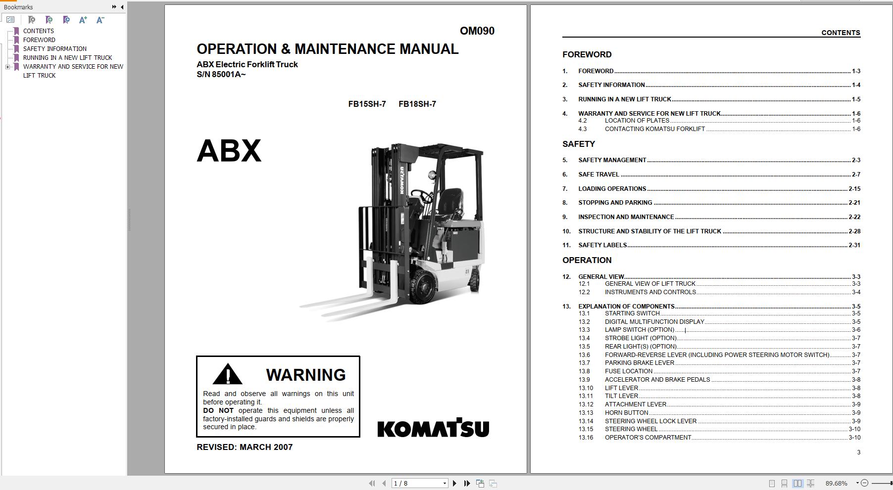 Komatsu Forklift FB1518SH 7 ABX EV100 Operation Maintenance Service Manual