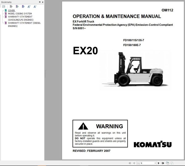 Komatsu Forklift FD100115135150E160E 7 EX20 Operation Maintenance Shop Mannual