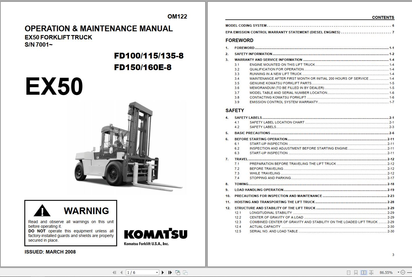 Komatsu Forklift FD100115135150E160E 8 EX50 Operation Maintenance Manual