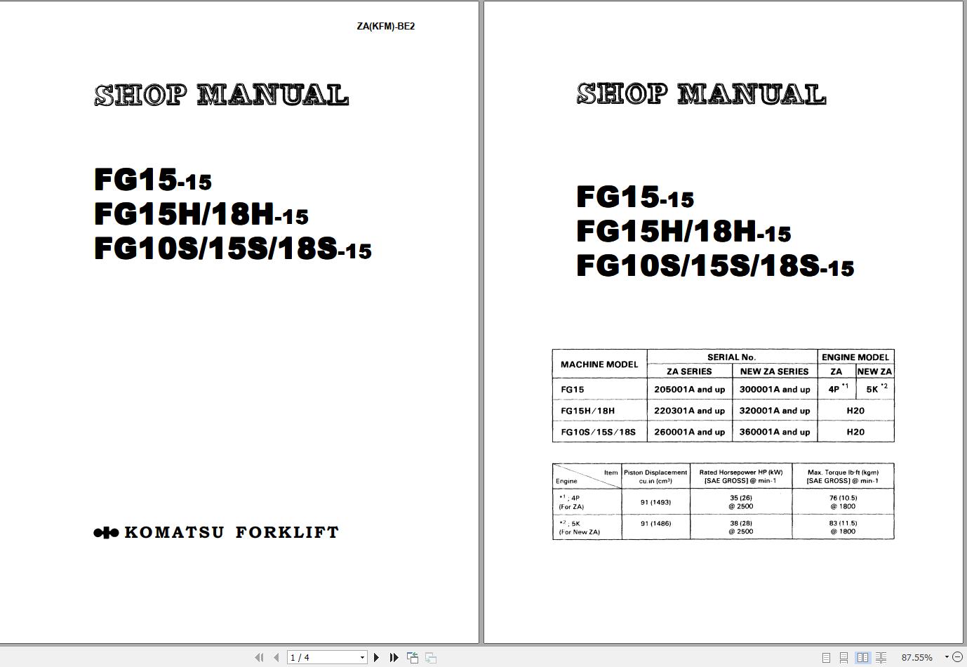 Komatsu Forklift FG101518CHT 15 ZA Shop Manual