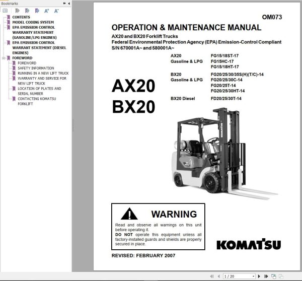 Komatsu Forklift FG101518CT 17 AX20 Service Operation Maintenance Manual