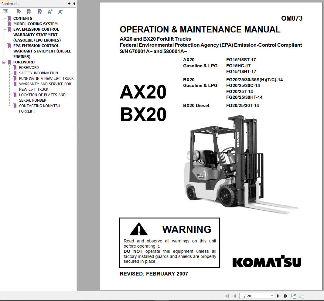 Komatsu Forklift FG101518CT 17 AX20 Service Operation Maintenance Manual