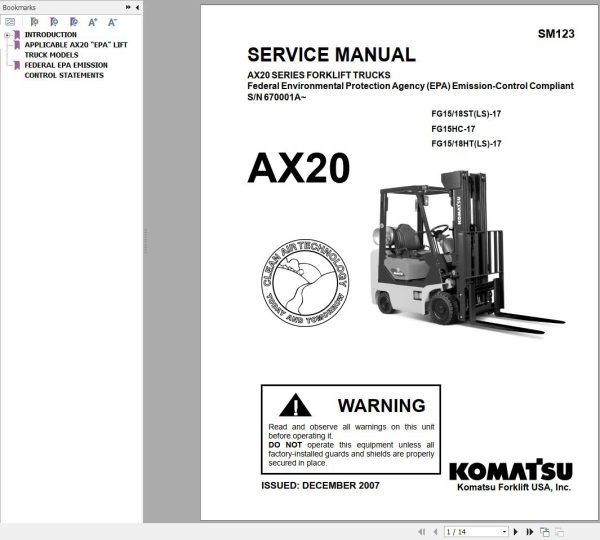Komatsu Forklift FG101518CT 17 AX20 Service Operation Maintenance Manual 1