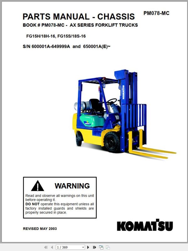 Komatsu Forklift FG1518 CHT 16 AX Parts Service Manual