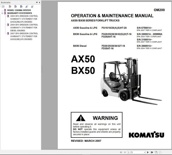 Komatsu Forklift FG151820AHT 20 AX50 Operation Maintenance Parts Service Manual