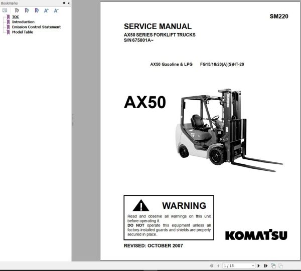 Komatsu Forklift FG151820AHT 20 AX50 Operation Maintenance Parts Service Manual 2