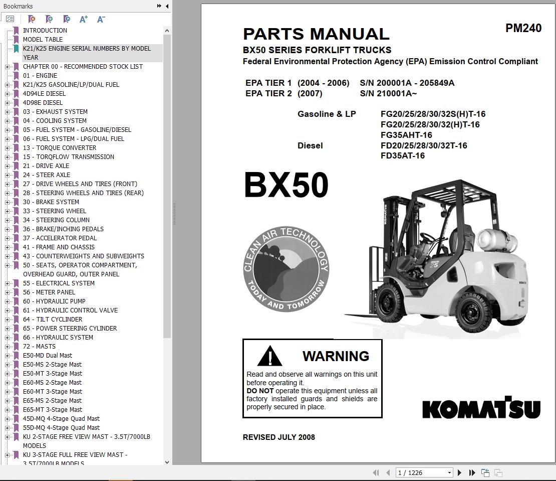 Komatsu Forklift FGD202528303235HT 16 BX50 2008 Parts Service Manual EN ES