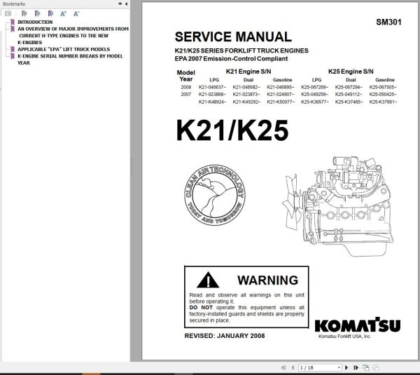 Komatsu Forklift FGD202528303235HT 16 BX50 2008 Parts Service Manual EN ES 1