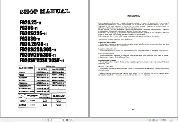 Komatsu Forklift FGD202530 CGVT 11 ZB Operation Maintenance Shop Manual