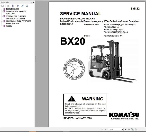 Komatsu Forklift FGD202530CHT 14 BX20 Service Parts Training Manual