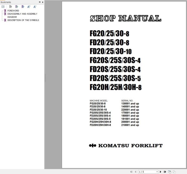 Komatsu Forklift FGD202530CT 8 10 XXB Shop Parts Manual