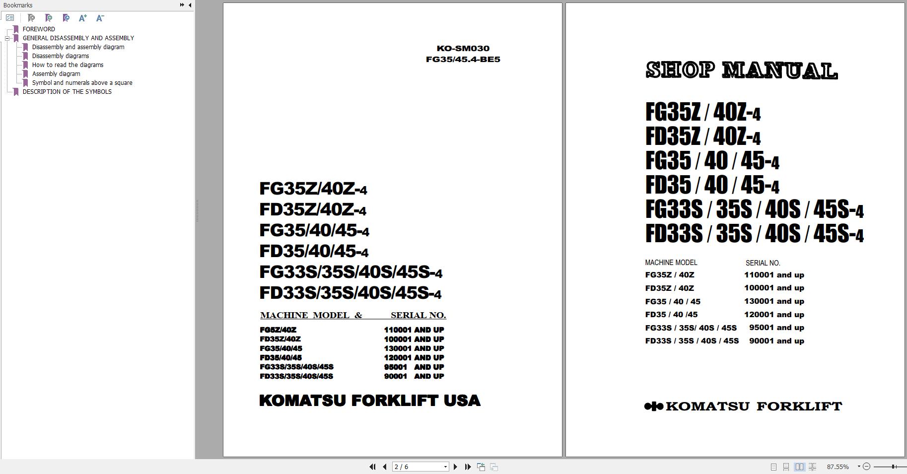 Komatsu Forklift FGD354045CTZ 4 XXC Parts Shop Manual