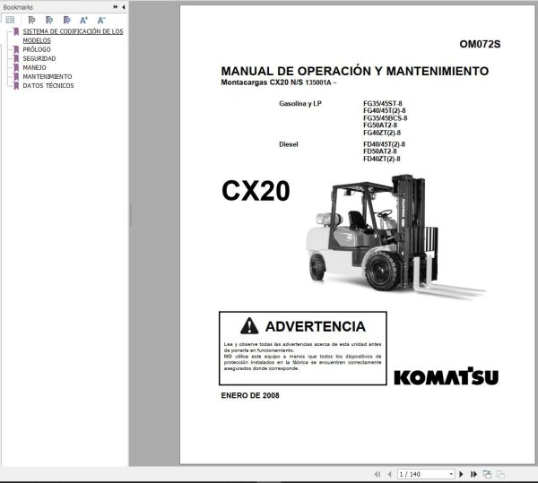 Komatsu Forklift FGD404550ACTZ 8 CX20 Service Parts Shop Operation Manual