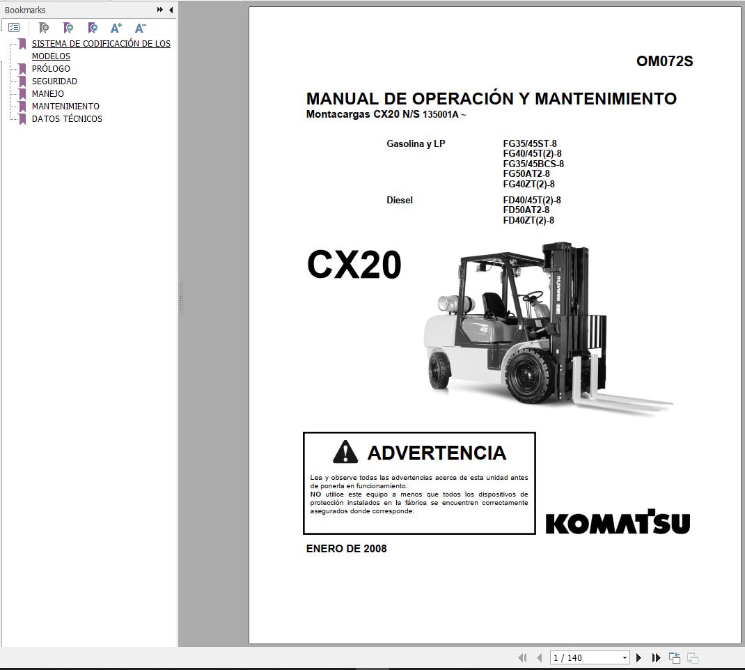 Komatsu Forklift FGD404550ACTZ 8 CX20 Service Parts Shop Operation Manual