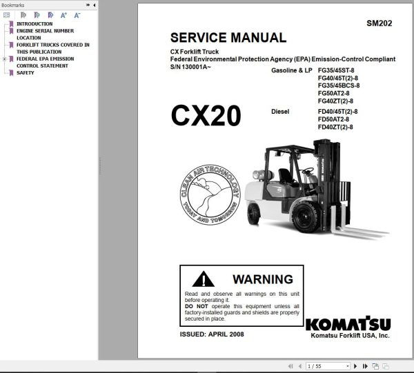 Komatsu Forklift FGD404550ACTZ 8 CX20 Service Parts Shop Operation Manual 1