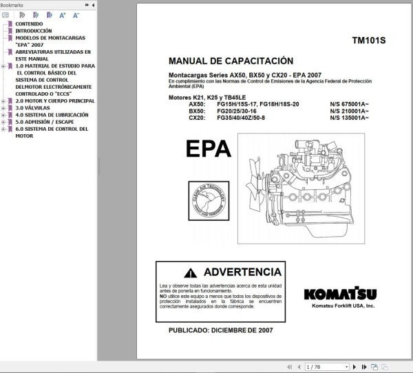 Komatsu Forklift FGD404550ACTZ 8 CX20 Service Parts Shop Operation Manual 2