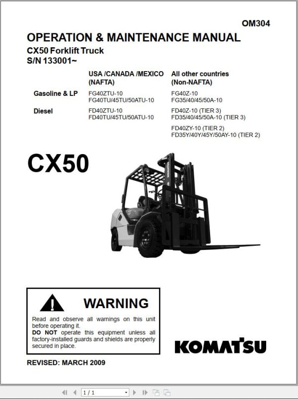 Komatsu Forklift FGD404550ATUZ 10 CX50 Service Parts Operation Manual